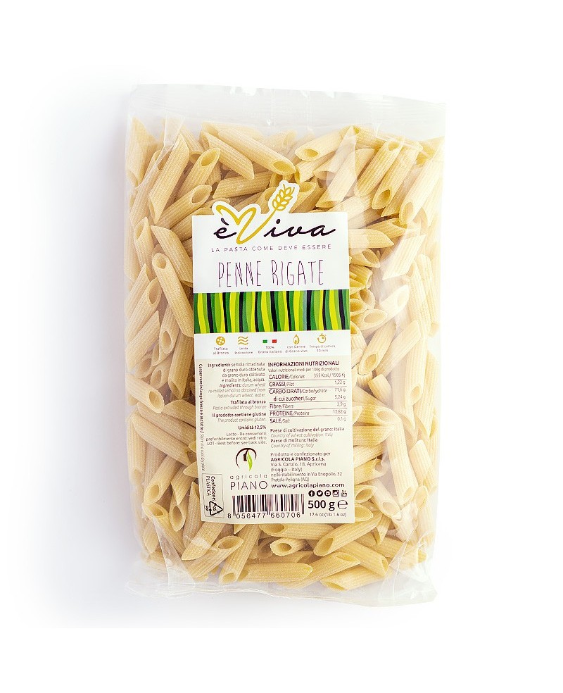 Penne Rigate | Pasta di Grano Italiano èViva - Lavorata al Bronzo, con Semola Rimacinata - Essiccazione Lenta Penne Rigate | Pasta di Grano Italiano èViva - Lavorata al Bronzo, con Semola Rimacinata - Essiccazione Lenta
