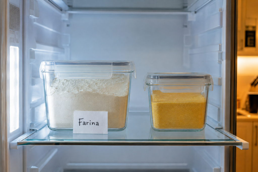 Farina conservata in frigorifero in un contenitore ermetico