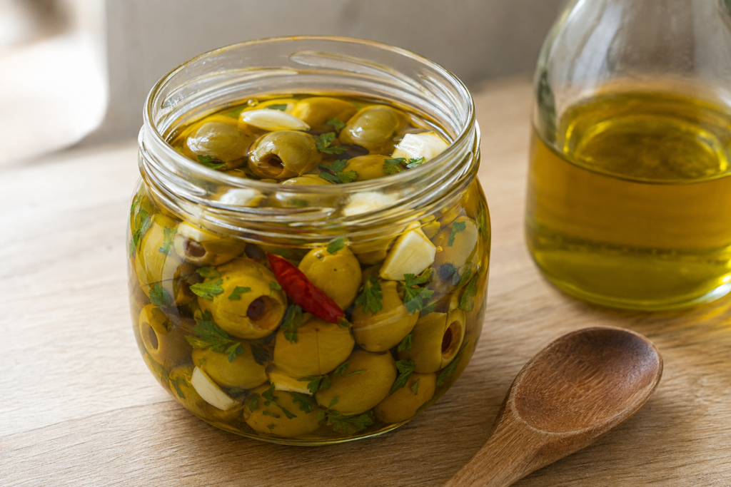 Olive denocciolate condite sott'olio extravergine con aglio e peperoncino