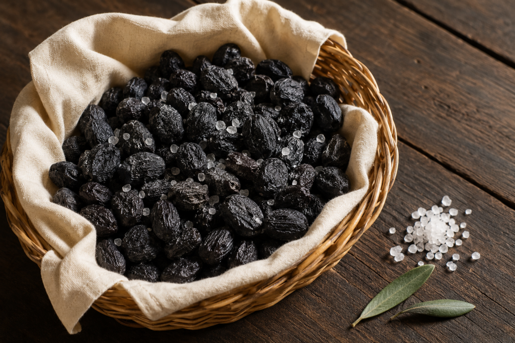 Olive nere conservate sotto sale secco in un cesto forato