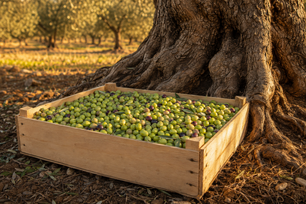 Cassetta di olive Peranzana appena raccolte negli uliveti dell'Alta Daunia