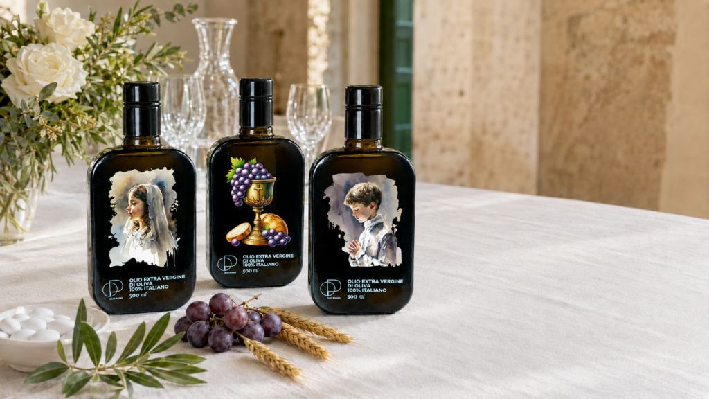 Bomboniere per prima comunione con bottiglie di olio personalizzate stampate sul vetro