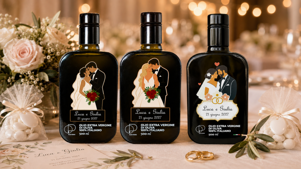 Bomboniere matrimonio con bottiglie di olio extravergine personalizzate con nomi degli sposi