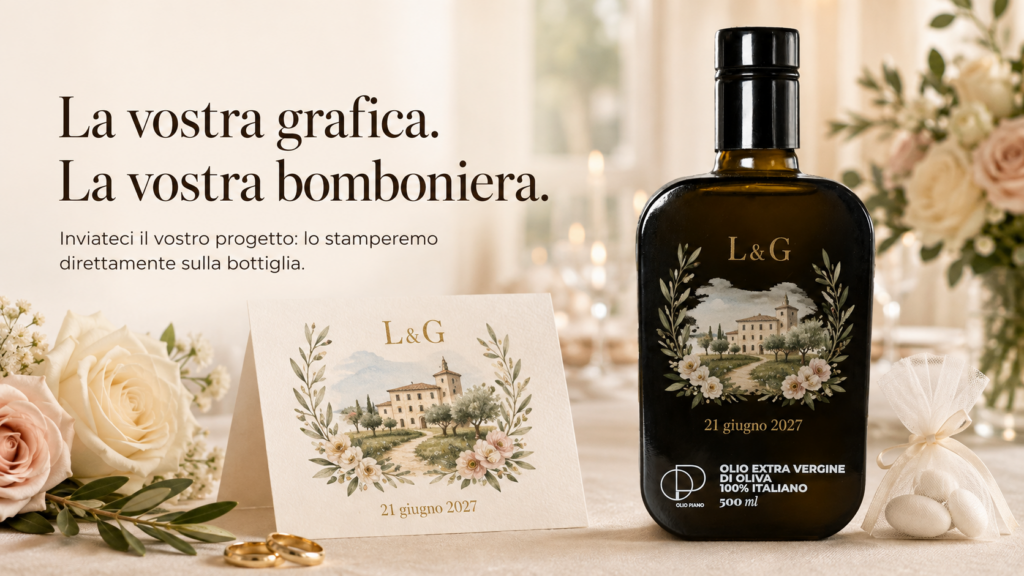 Bottiglia di olio con grafica degli sposi stampata sul vetro in esacromia