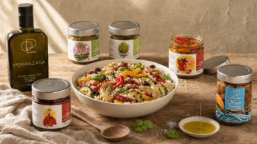 Insalata di riso con sottoli pugliesi, peperoni alla brace, zucchine e olive Peranzana in olio EVO