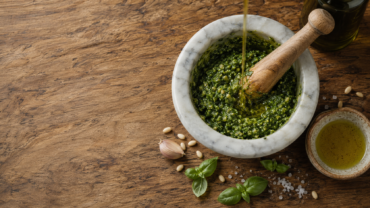 Pesto alla genovese fatto al mortaio con olio EVO biologico Peranzana di Agricola Piano