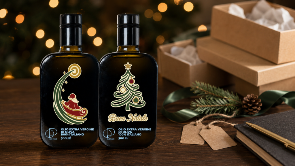 Bottiglie di olio EVO Peranzana personalizzate con stampa UV del marchio aziendale per regali di Natale