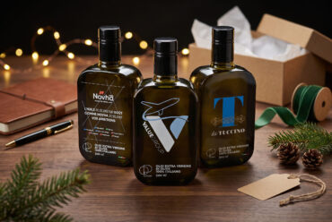 Bottiglie di olio EVO Peranzana personalizzate con stampa UV del marchio aziendale per regali di Natale