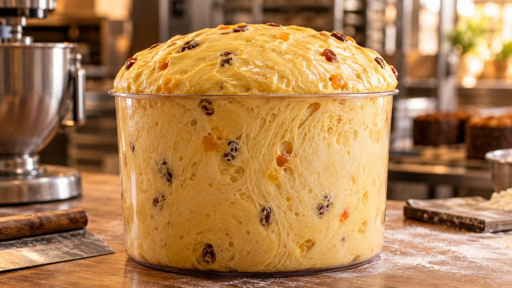 Primo impasto del panettone triplicato di volume nel contenitore