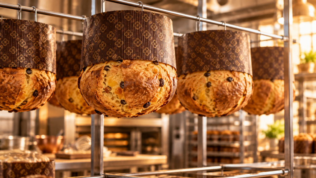Panettoni capovolti a raffreddare sui ferri dopo la cottura