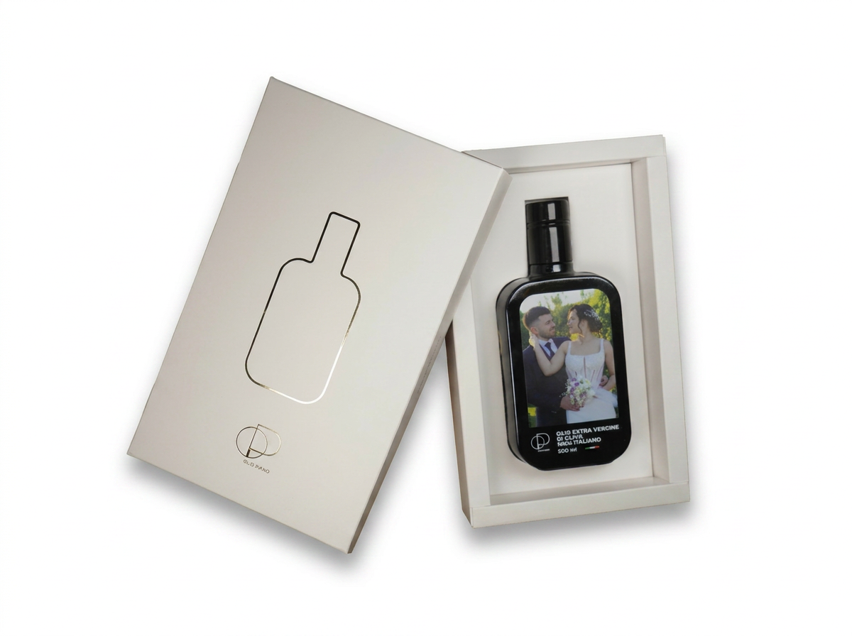 Premium-Geschenkbox mit EVO-Öl-Flasche und Hochzeitsfoto-Etikett