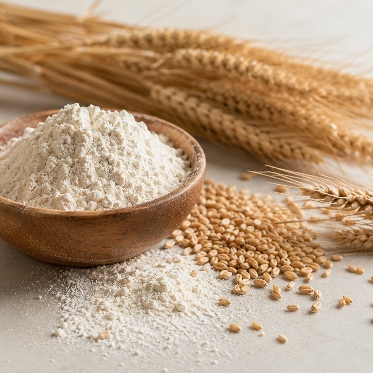 Ciotola di farina con chicchi e spighe di grano
