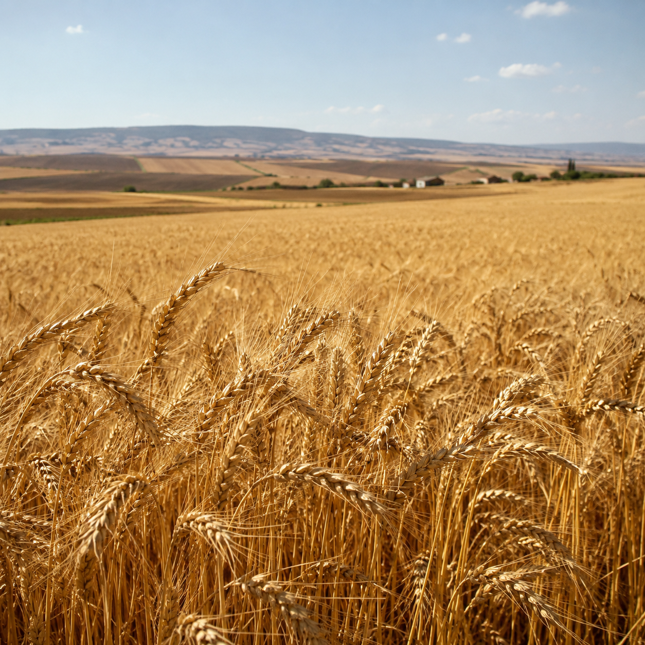Campo di grano dorato con colline sullo sfondo