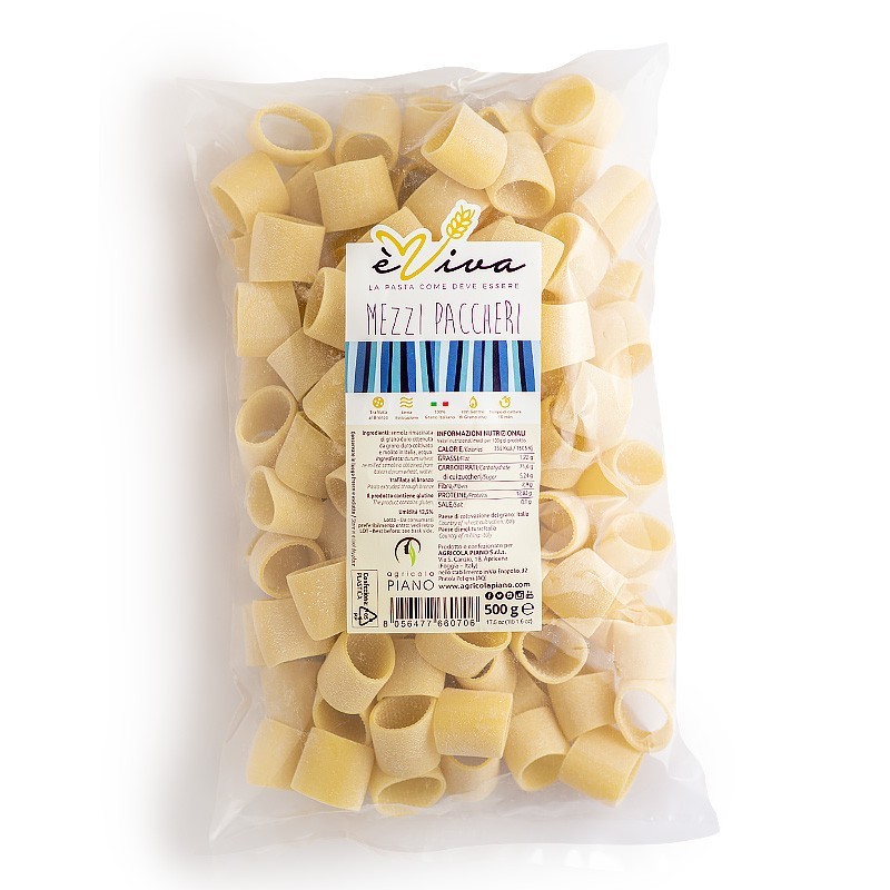 Mezzi Paccheri | Pâtes Artisanales Filées au Bronze 500g, Séchage Lent à Basse Température, Blé 100% Italien, Avec Germe de Blé