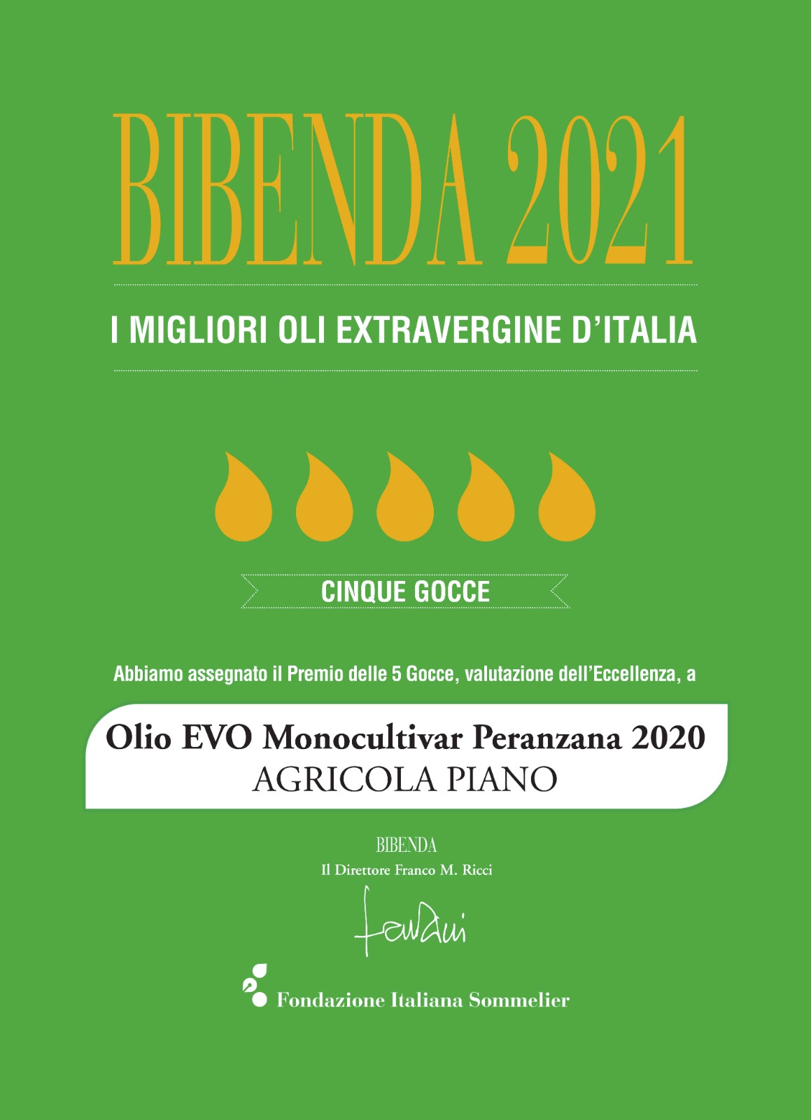 Bibenda 2021: 5 gocce per Olio Piano Peranzana