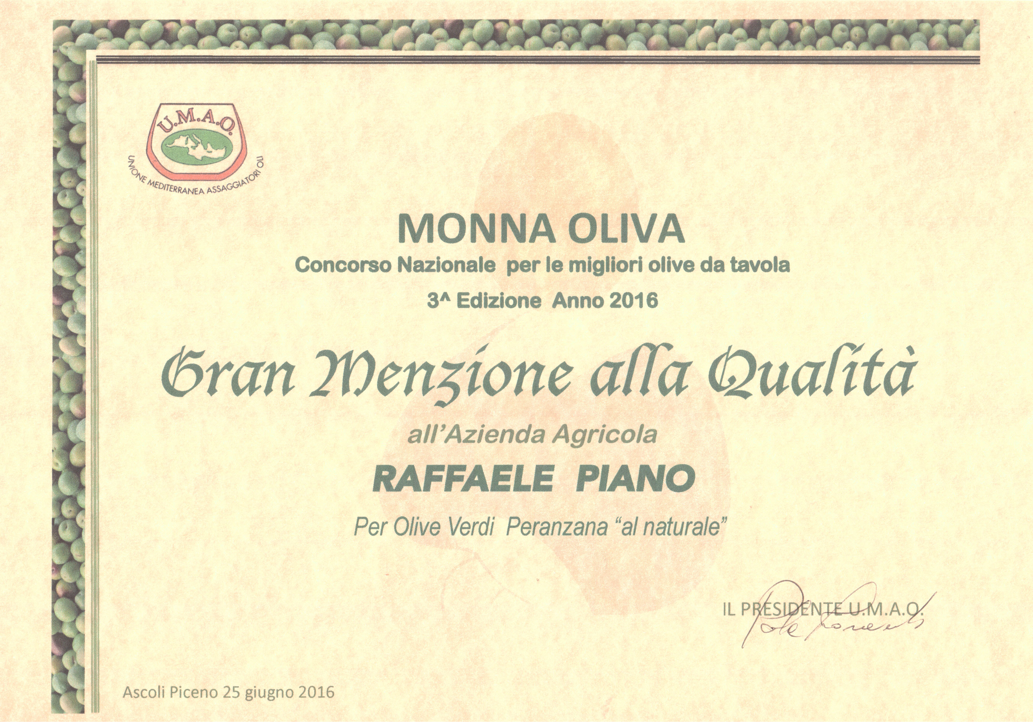 Le Olive Peranzana Piano Vincitrici al Concorso Nazionale Monna Oliva 2016