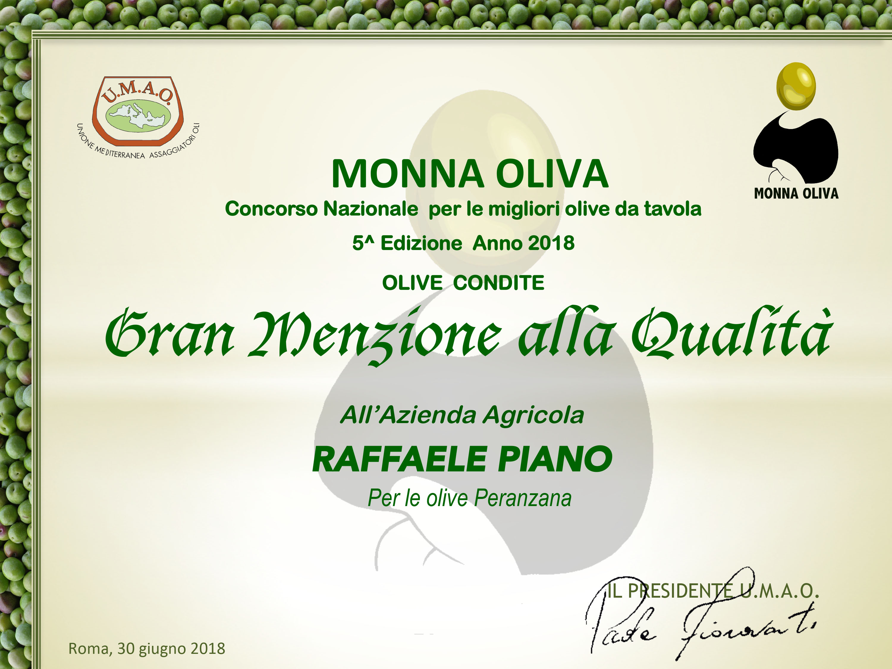 Concorso Monna Oliva 2018: Le Olive Peranzana Condite si distinguono con una Gran Menzione